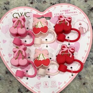 CWC Pink and Red Cherry Straw Toppers - 6 Piece Set